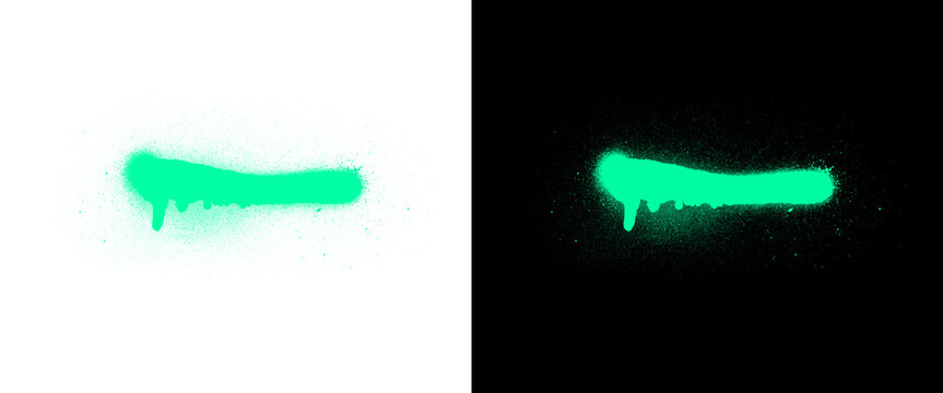 Neon green spray paint line with drips, vibrant graffiti stroke on white and black background, glowing aerosol paint splatter element