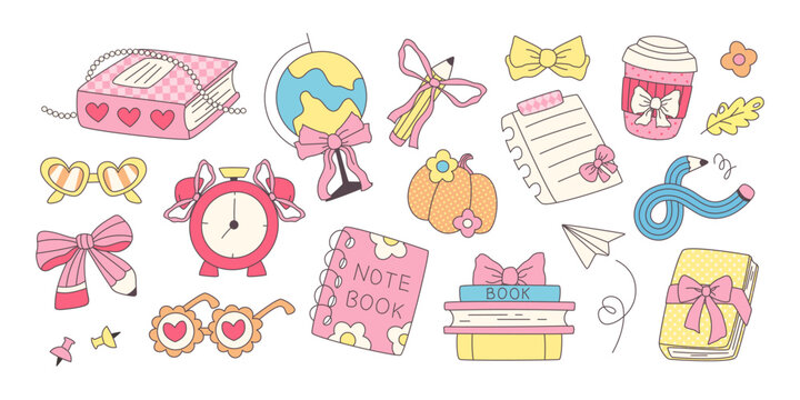 Cute cartoon school sticker vector with girly coquette bow, ribbon pattern and books clipart. Adorable kawaii illustration with retro groovy elements for teacher journal and classroom supplies.