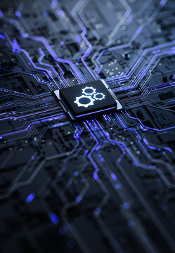 Automation and Optimization Processes with Gears on Futuristic Circuit Board