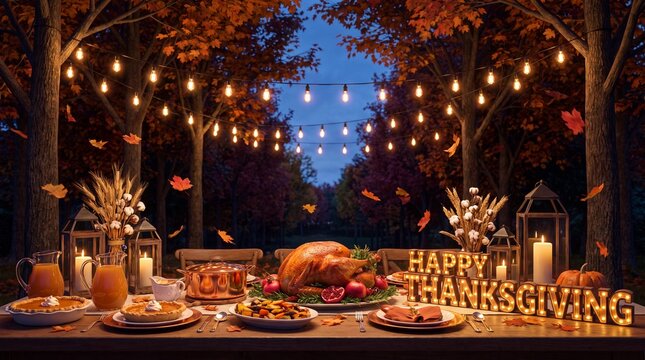 Happy Thanksgiving dinner table outdoors, festive autumn feast with roasted turkey and pumpkin pie, warm string lights in fall forest at twilight
