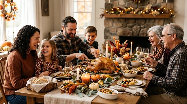 Family celebrating thanksgiving with a roasted turkey feast at home