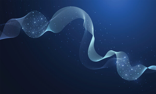 Futuristic big data flow and abstract sound wave signal concept on dark blue background