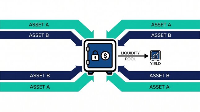 Decentralized Finance (DeFi) liquidity pool illustration, secure digital assets, cryptocurrency investment, and yield generation concept. Financial technology and blockchain innovation.