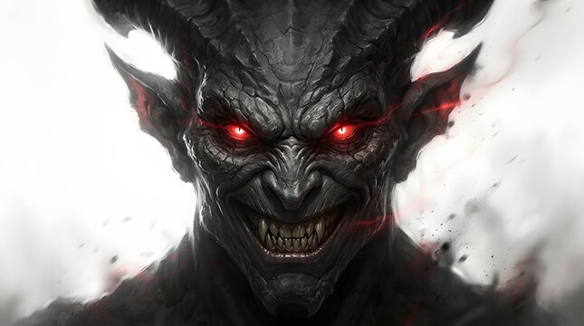 Dark fantasy demon with glowing red eyes and menacing grin