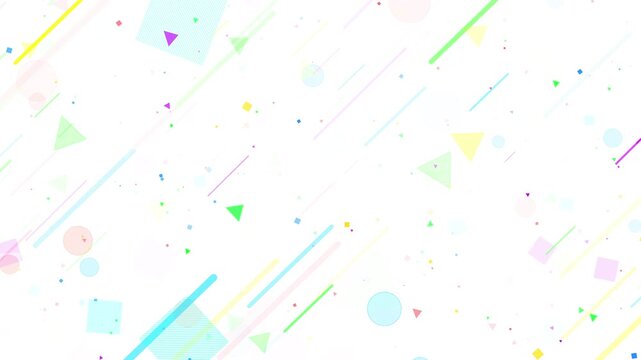 Colorful geometric background pastel lines, circles, triangles, squares, playful clean space. children videos, school slides, party promos, creative titles, birthday intros, cheerful motion loops.