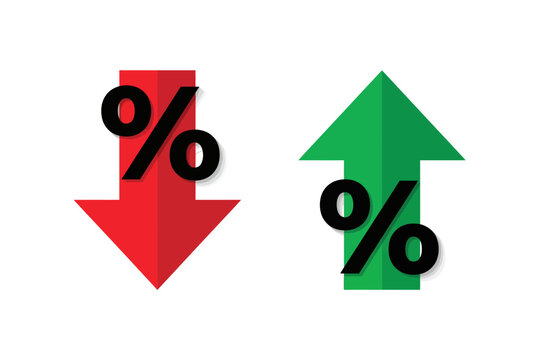 Interest rate arrows, percent sign up and down vector, financial growth and drop icons