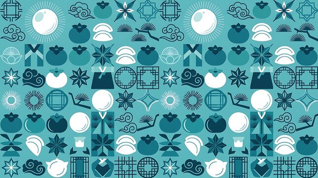 Korean cultural icons and symbols seamless pattern in teal