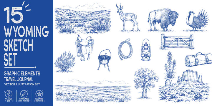 Wyoming travel journal collection. Hand drawn Cowboy State heritage elements. American bison, Wyoming Indian paintbrush, western saddle, ranch gate, sagebrush prairie. Trendy sketch vector set
