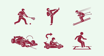 Fototapeta premium Collection of Sport Pictograms: Lacrosse, Karate, Skiing, Formula 1, Karting, and Snowboarding Icons