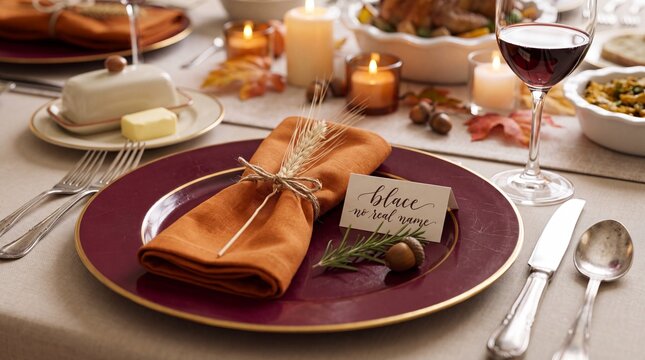 Thanksgiving dinner table setting with burgundy plate and orange napkin, elegant autumn holiday place setting, festive fall celebration banquet decor