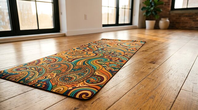 Patterned yoga mat on wooden floor in sunlit studio