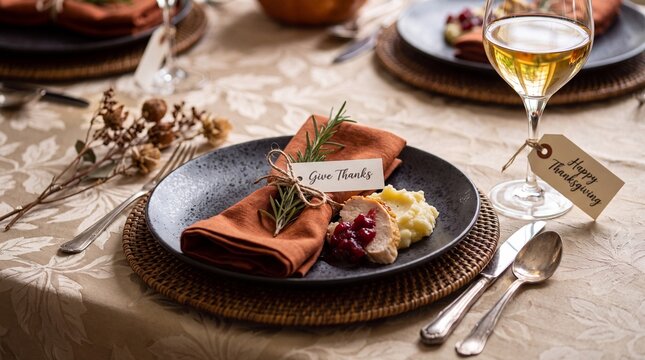 Thanksgiving dinner table setting with roasted turkey and mashed potatoes, elegant holiday place setting with Give Thanks tag, rustic autumn feast