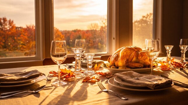 Thanksgiving roasted turkey dinner on table, autumn sunset window view with fall foliage, festive holiday meal setting with wine glasses