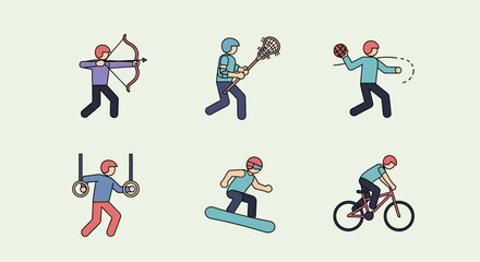 Naklejka premium Set of Sport Pictograms: Archery, Lacrosse, Handball, Gymnastics, Snowboarding, and Cycling Icons on a Light Background
