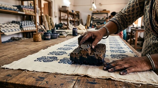Artisan hands performing traditional block printing on fabric