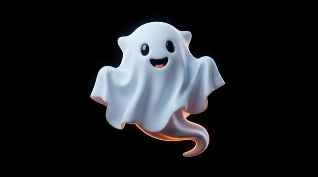 Cute cartoon ghost character on black background with glowing effect