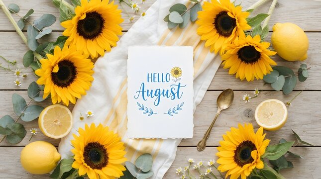 Flat lay of sunflowers and lemons with Hello August card on wooden table
