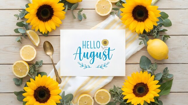 Floral greeting card with sunflowers and lemons for August decoration