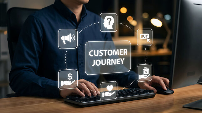 Businessman analyzing customer journey map digital marketing strategy online