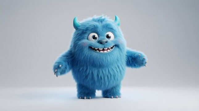 Cute blue monster with horns smiling on a neutral background