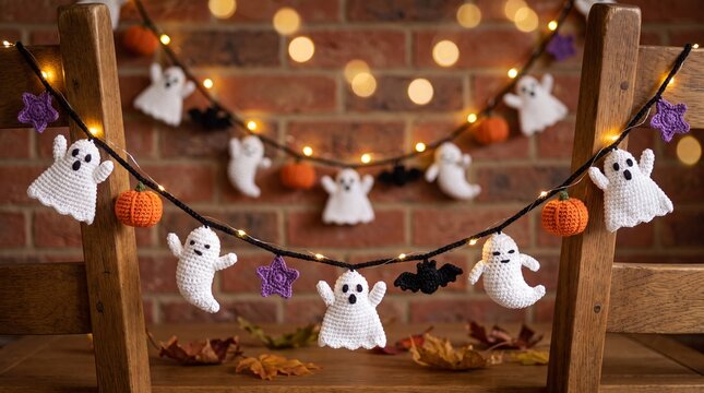 Handmade Halloween ghost garland with warm fairy lights, felt pumpkin and bat decorations on brick wall, cozy autumn holiday interior decor