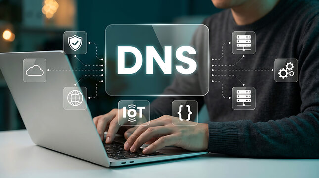 Man working on laptop with DNS domain name system network interface