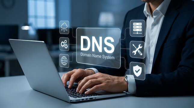 Businessman working on laptop with DNS domain name system interface