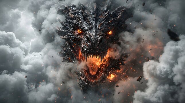 Fierce dragon emerging from stormy clouds with fiery eyes