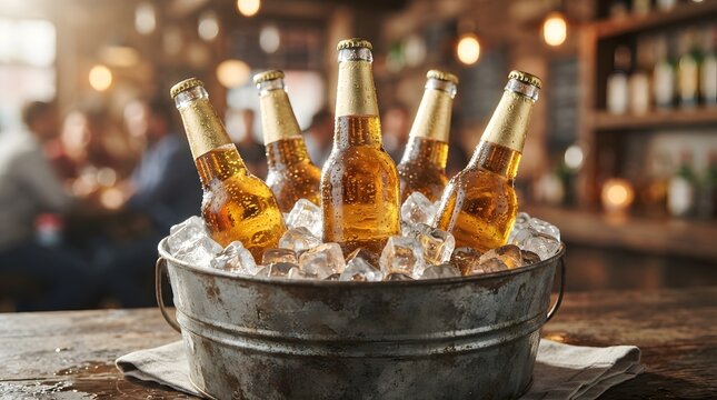 Cold beer bottles in ice bucket at rustic bar setting