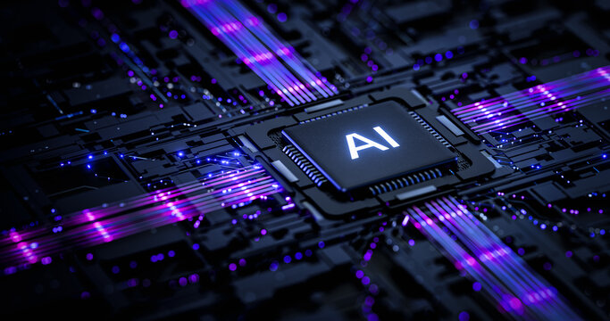 Artificial Intelligence AI Processor Chip on Futuristic Circuit Board with Digital Data Network