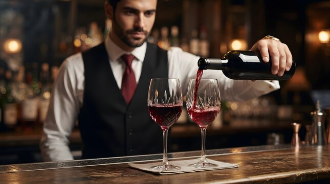 Bartender pouring red wine into glasses at elegant bar