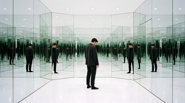 Infinite Reflections: A lone figure stands amidst a seemingly endless expanse of mirrors, creating a disorienting and surreal experience. This image evokes feelings of introspection, isolation.