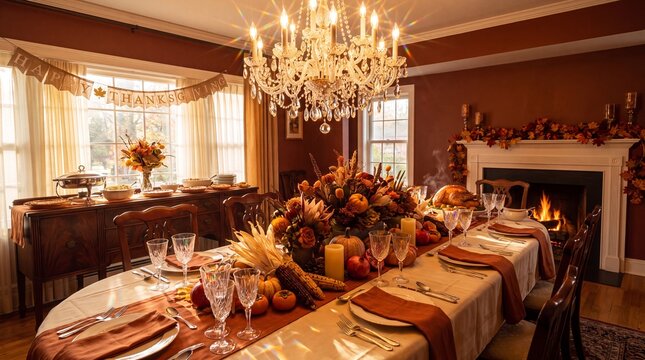Elegant Thanksgiving dinner table setting in a cozy dining room, festive autumn holiday feast with crystal chandelier and fireplace, warm fall home decor