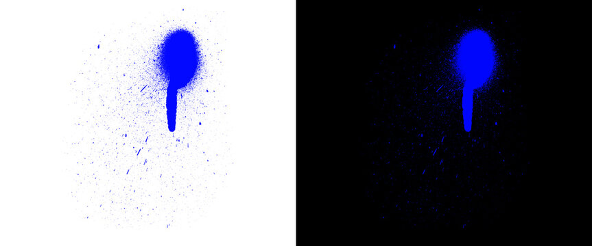 Blue spray paint drip on white and black background, vibrant graffiti splatter texture, urban street art paint splash, cobalt ink blot element