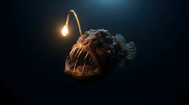 Deep sea anglerfish with bioluminescent lure in dark ocean