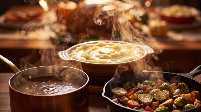 Steaming hot Thanksgiving dinner side dishes, creamy mashed potatoes with butter and roasted vegetables, traditional holiday feast with gravy