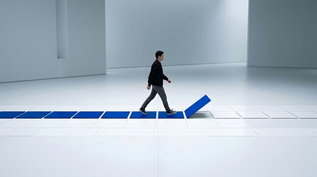 The Path Forward: A solitary man walks purposefully along a blue tiled path, with the final tile tipping upwards, symbolizing a step into the unknown or a breakthrough.