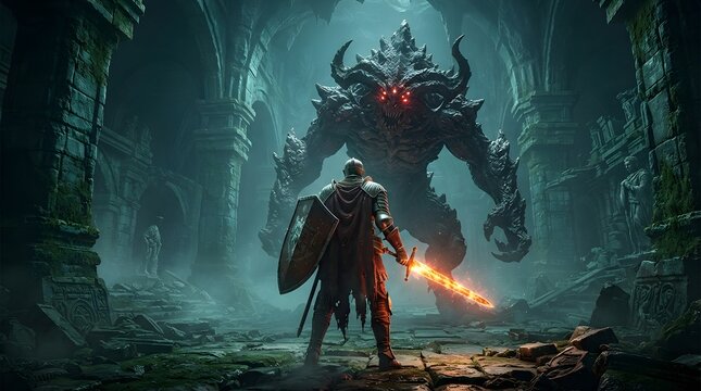 Warrior facing giant monster in ancient dark dungeon setting