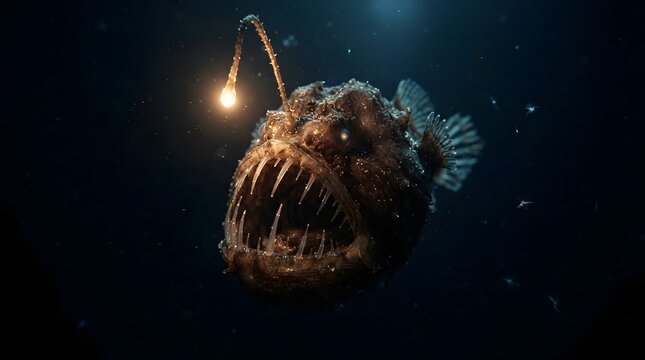 Deep-sea anglerfish glowing in dark ocean depths