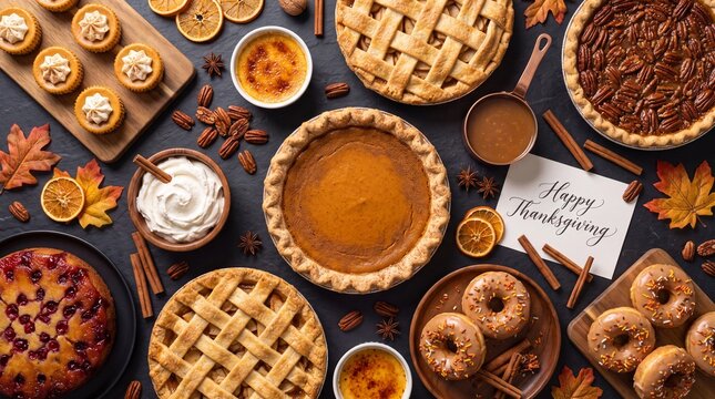 Thanksgiving dessert table with pumpkin pie and apple tart, autumn holiday sweets flat lay, traditional festive baked goods on dark background