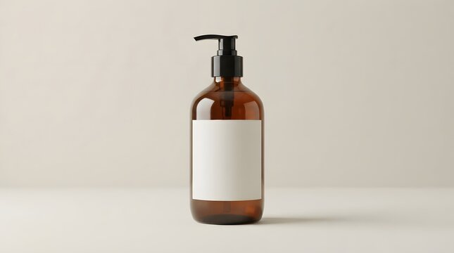 Amber glass pump bottle with blank label on neutral background
