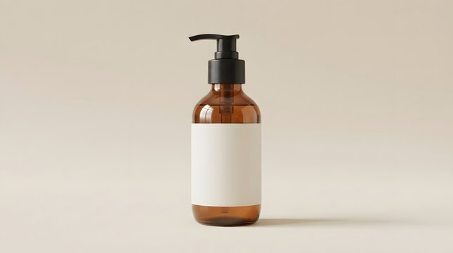 Amber glass pump bottle with blank label on beige background