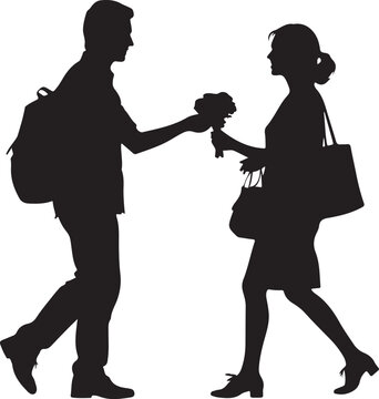 Silhouette of a man giving flowers to a woman, walking couple