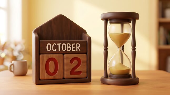 October 2 Wooden House Block Calendar Displaying Date with Hourglass Sand Timer on Desk