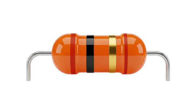 Close up view of single orange electronic resistor on transparent background.