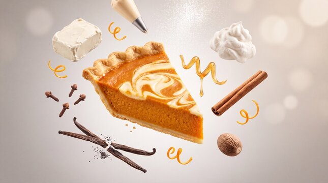 Pumpkin pie slice with cream swirl, levitating autumn spices and ingredients, gourmet holiday dessert on warm bokeh background