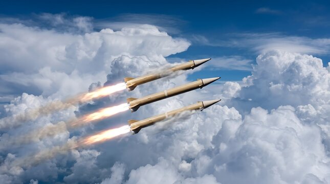Missiles Launching into Cloudy Sky: Three sleek missiles streak through a dramatic sky filled with fluffy white clouds.