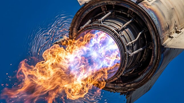 Jet Engine's Inferno: The powerful thrust of a jet engine ignites with a fiery blast, expelling intense heat and blue flames against a clear sky, showcasing the raw power of aviation technology.