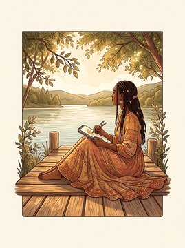 Woman sketching on a wooden dock overlooking a serene lake