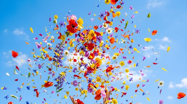 Explosion of Floral Joy: A vibrant burst of colorful flowers and petals dance through a clear blue sky, scattered by a joyous hand, creating a spectacle of nature's beauty and celebration.